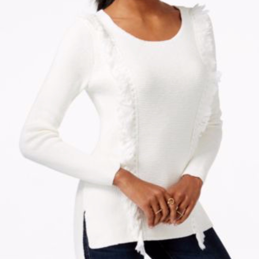 NWOT! BAR III- FRINGE SWEATER  WASHED WHITE